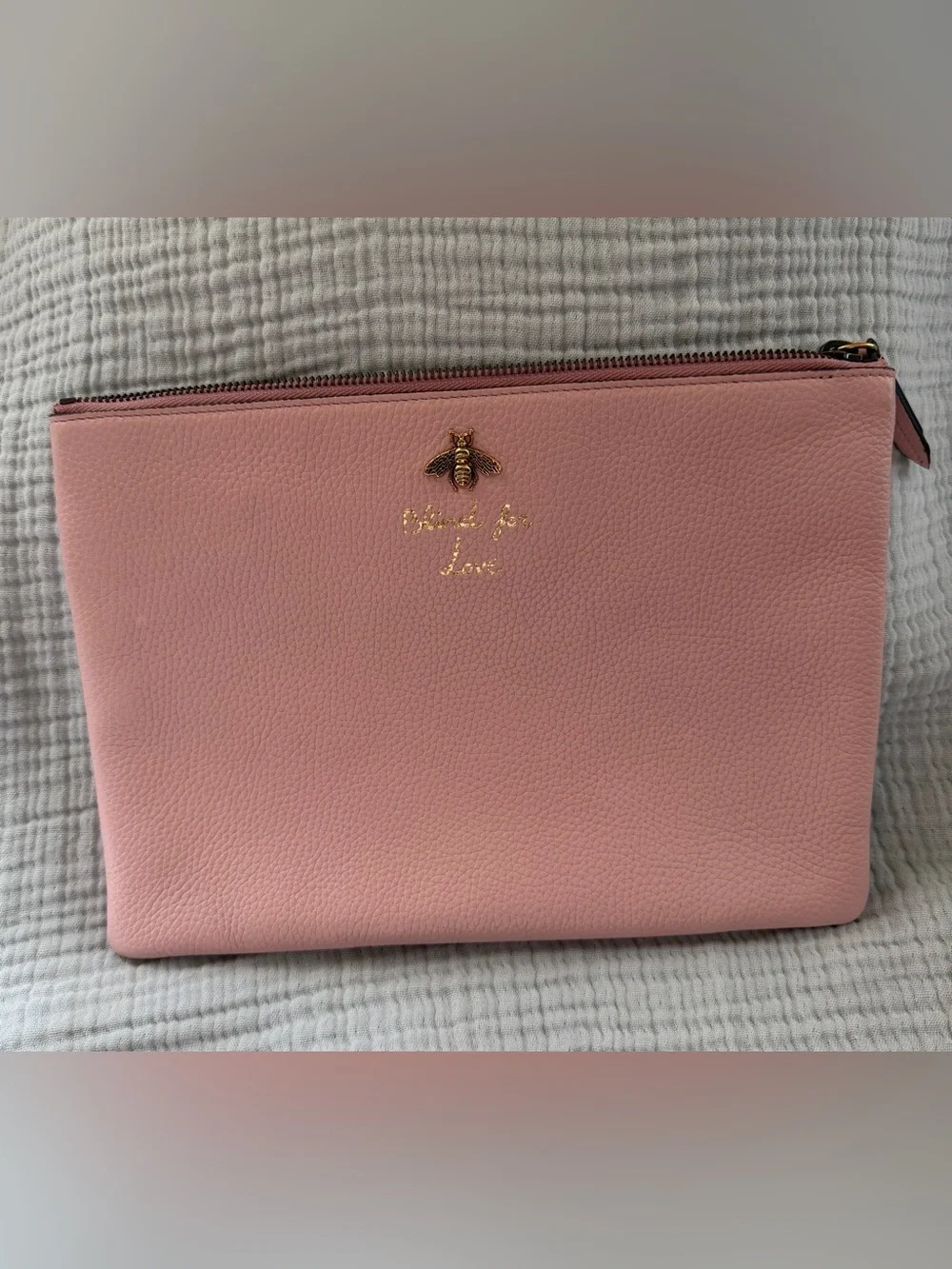 Gucci Pink Love Is Blind Pebbled Leather Bee Cosmetic Pouch